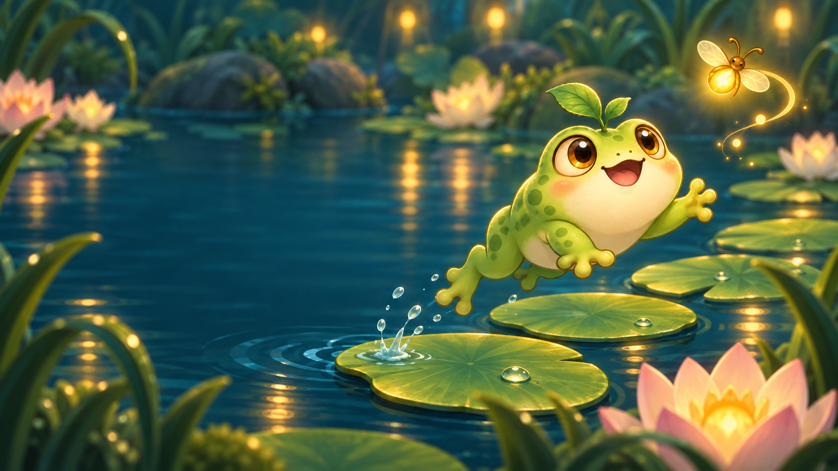 Pip the frog leaping joyfully across a pond