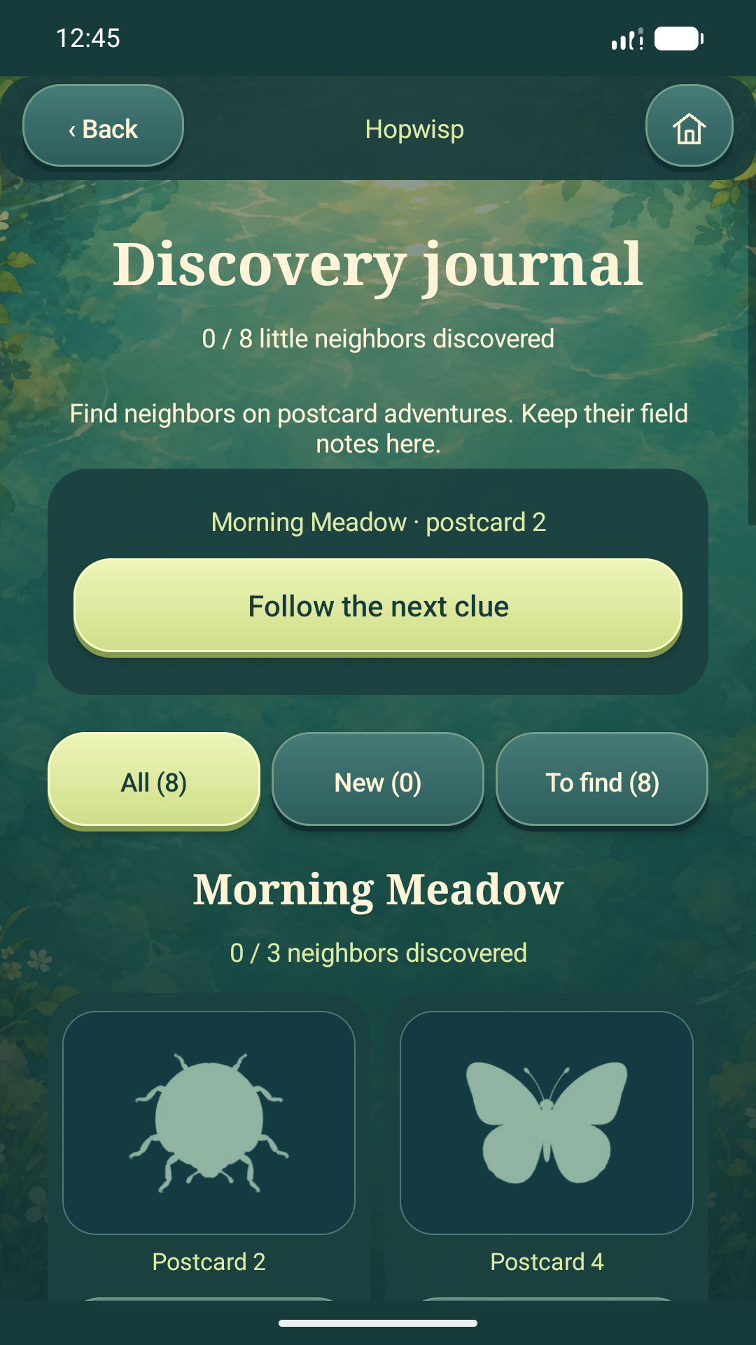 A discovery journal with a next-clue shortcut and filters for new or missing neighbors