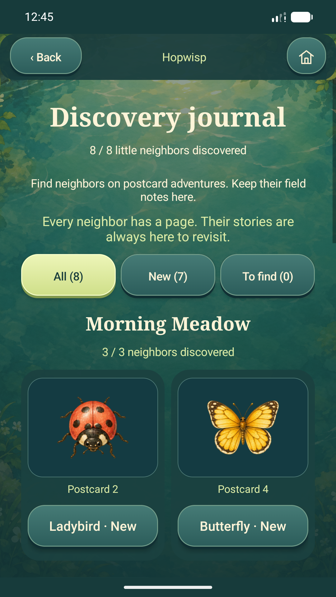 Illustrated pond neighbors grouped by their postcard chapter with discovery counts