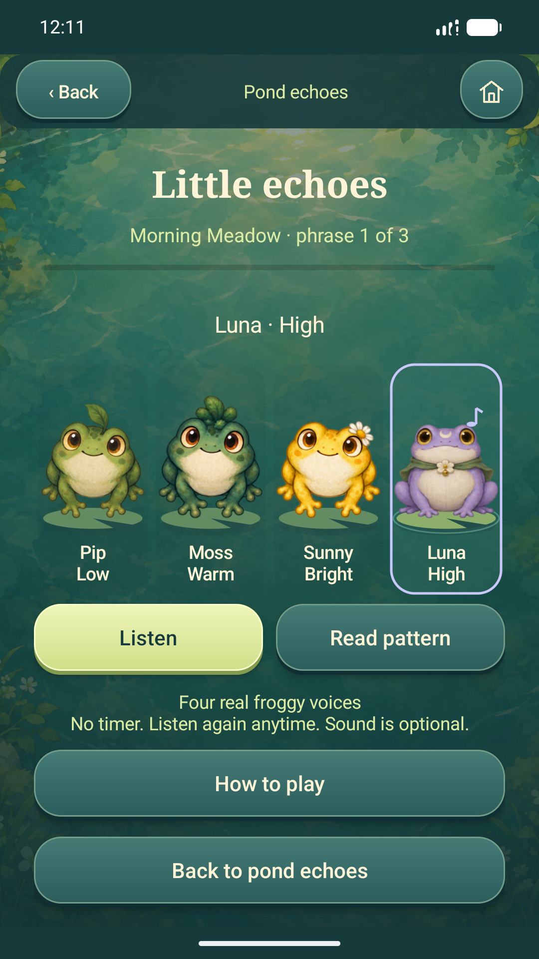 Four playable frogs singing together in Little Echoes on Android