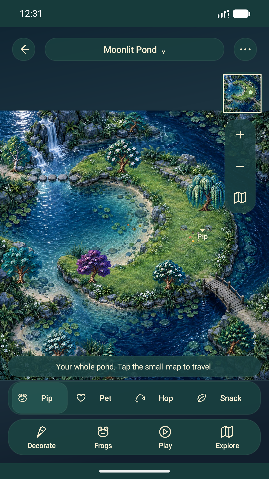 Moonlit Pond's distinct home island and water channels