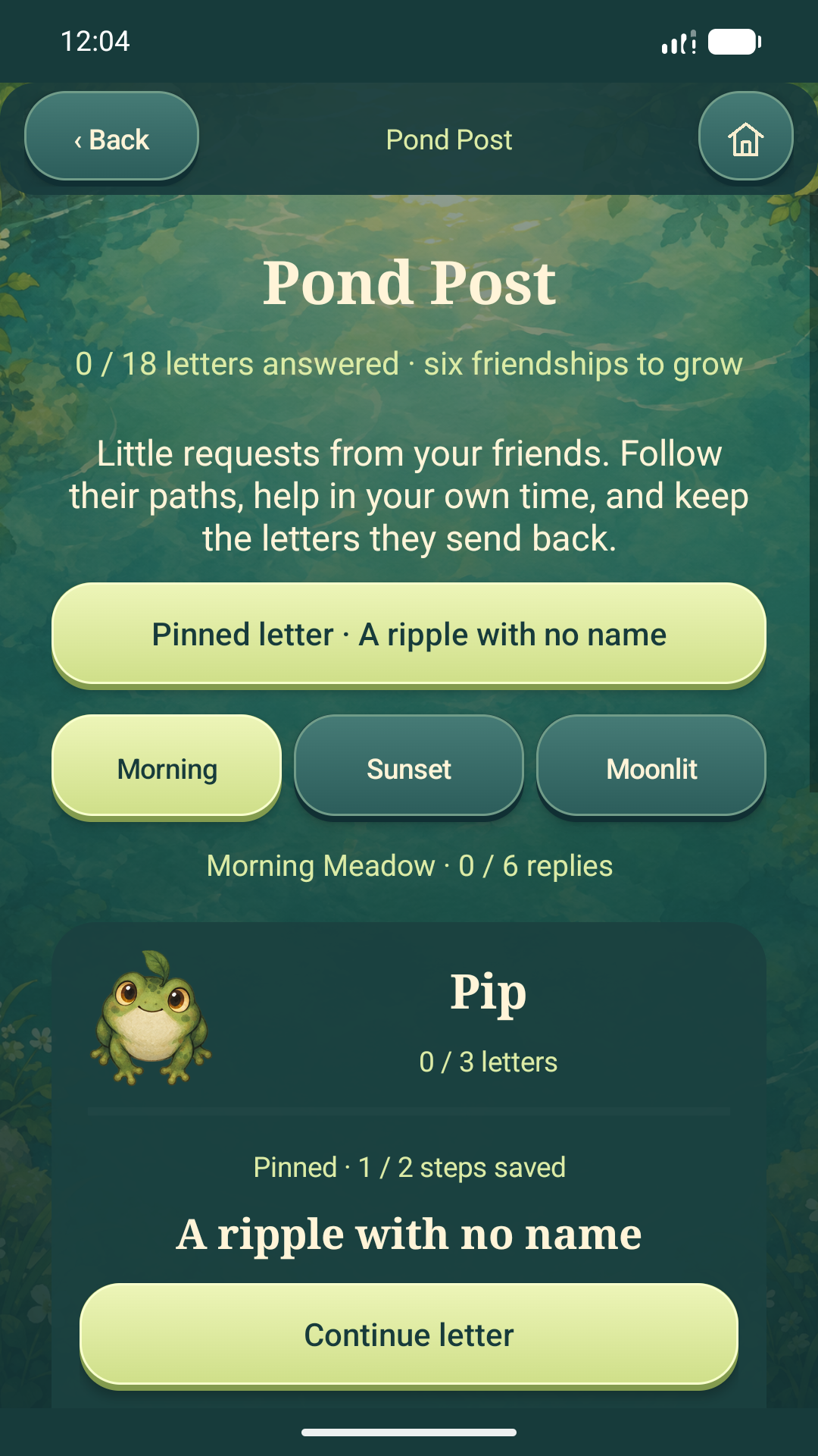 Pond Post tabs, friendship progress and a direct next-letter action
