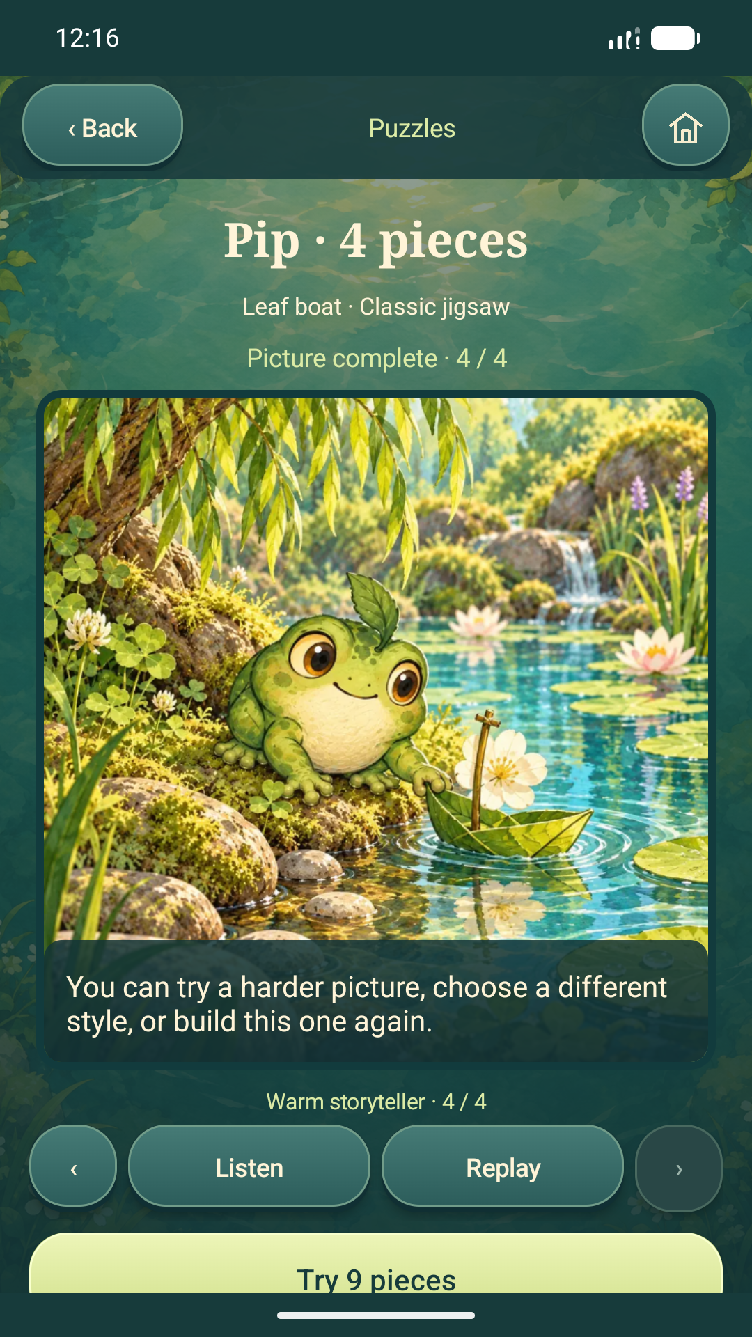 Completed frog puzzle with voice-synchronised captions and compact controls on Android