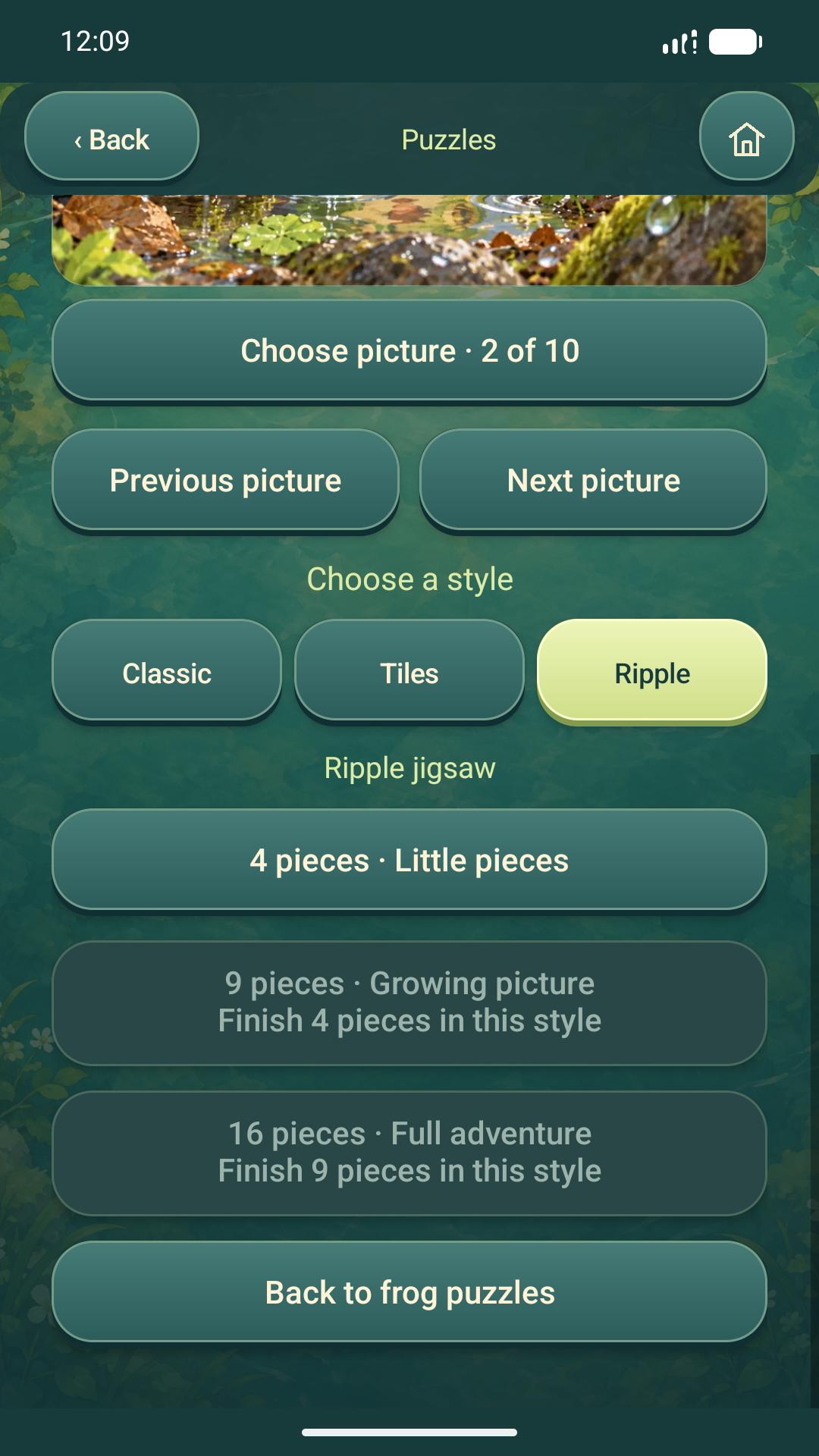 Compact puzzle style and difficulty choices with clear unlock requirements