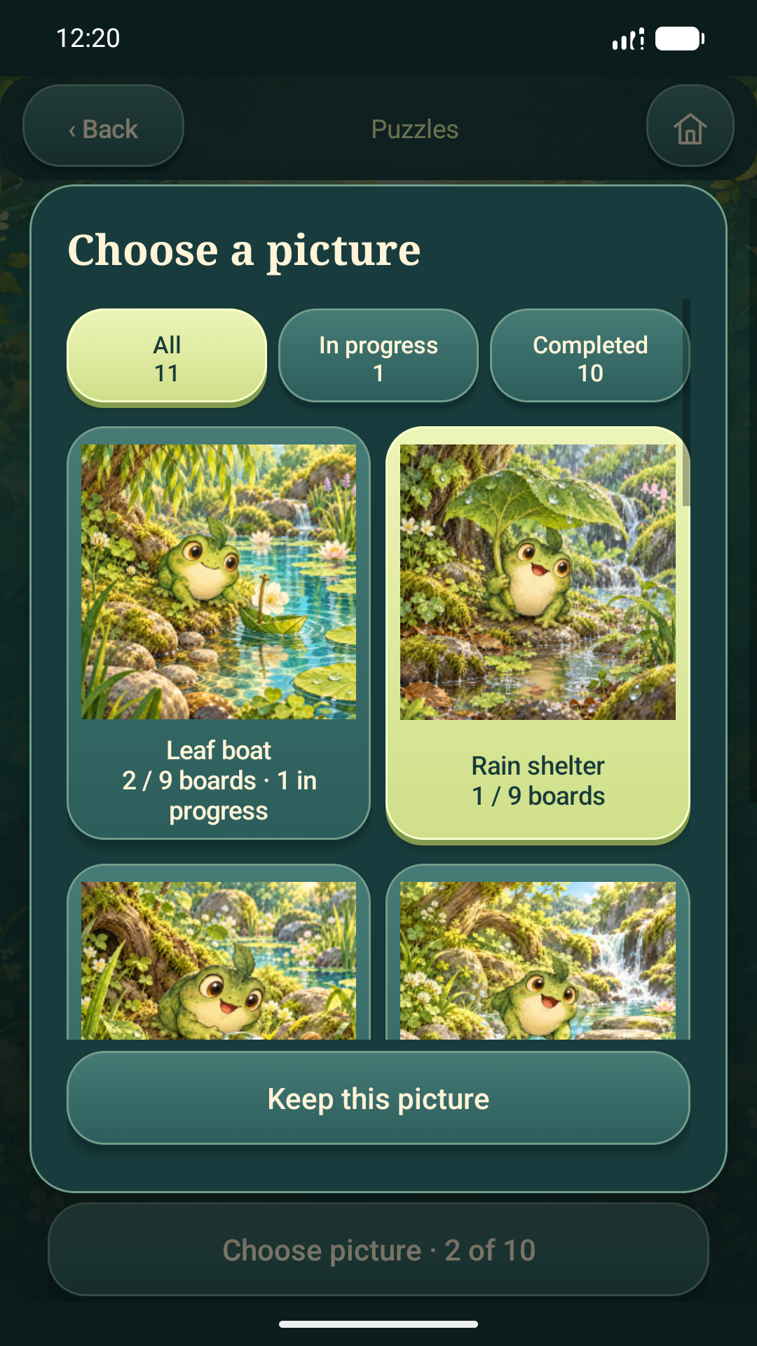 Illustrated puzzle painting chooser with saved completion counts