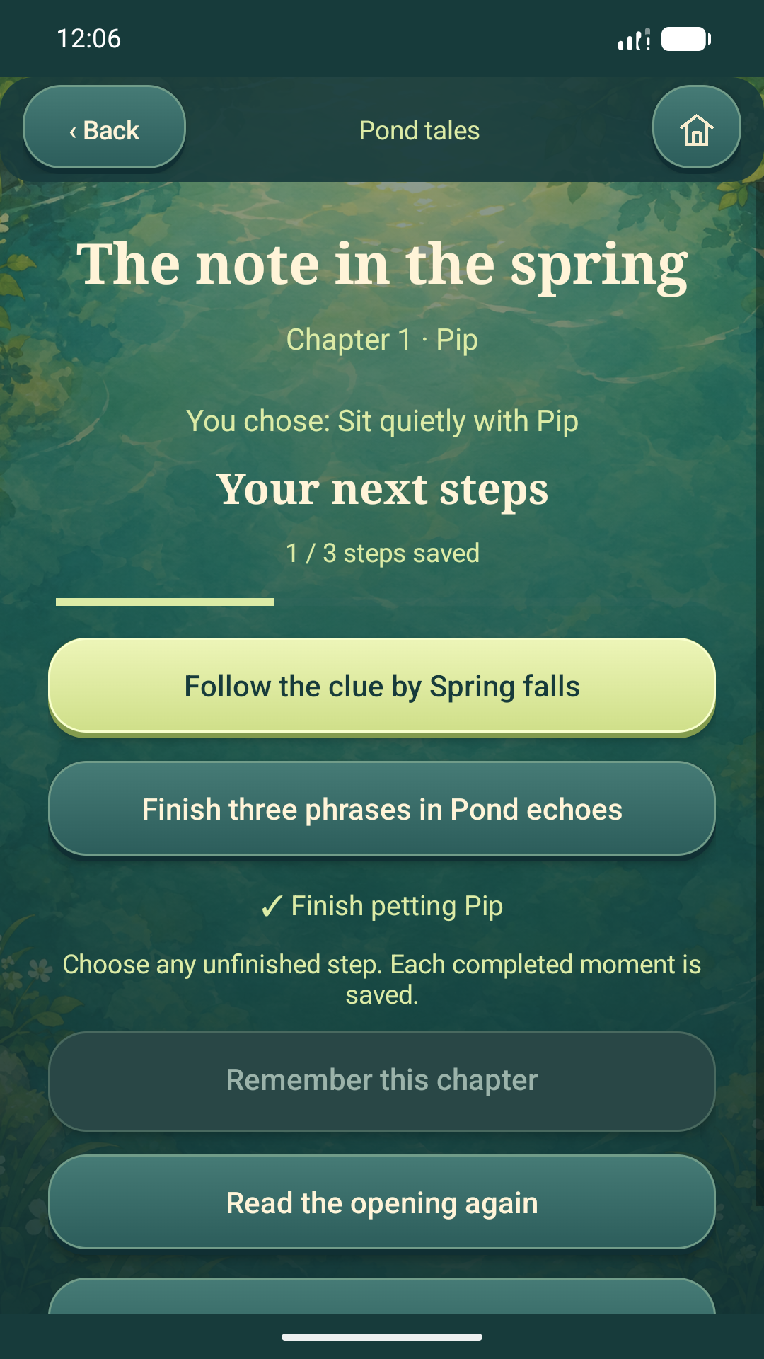 A saved story checklist with Back and Home navigation at the top