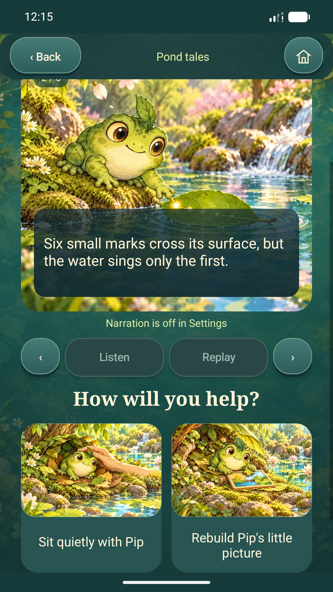 Illustrated answer tiles in The Lost Pond Song