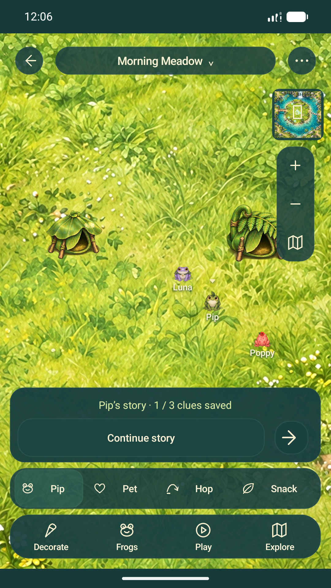 A persistent Continue story shortcut beside the pond controls